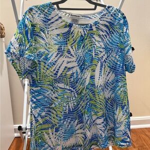 BonWorth Blue and Green Leaf Print Short Sleeve Top